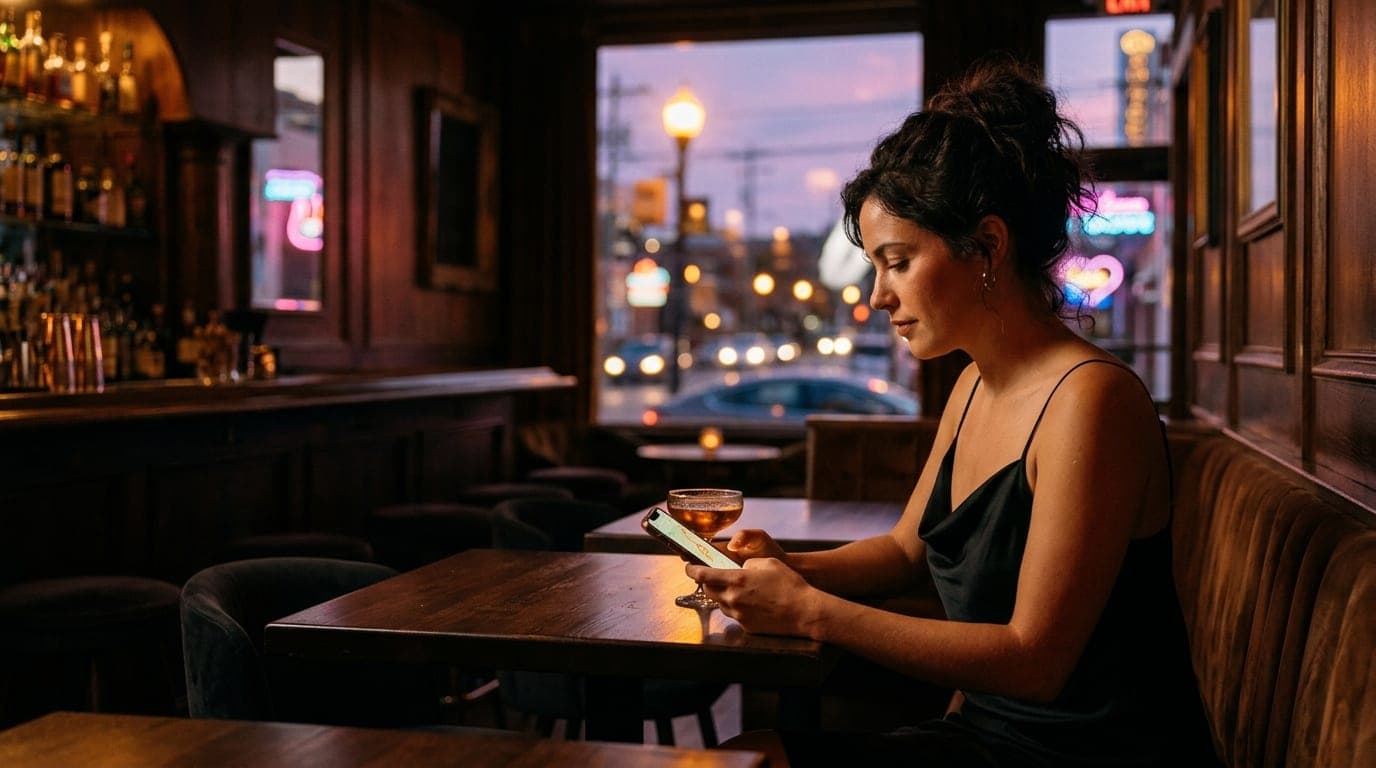 A wide shot of a dimly lit East Nashville speakeasy. A woman in a black silk slip dress glances at her glowing smartphone...