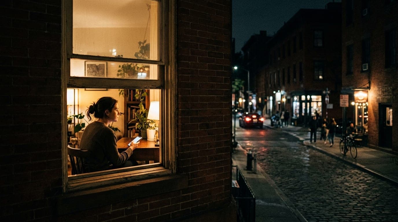 A wide shot of a West Village apartment window at night, illuminated by a warm tungsten glow. A woman sits by the glass, p...