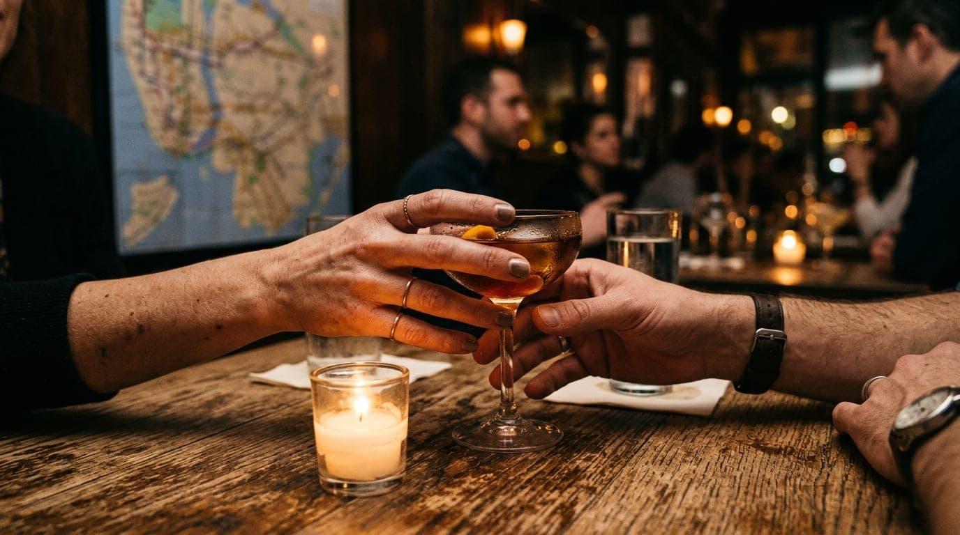 A 100mm macro shot, candle-lit interior of a booth at The Penrose. Two hands reach for a shared cocktail on a worn wood ta...
