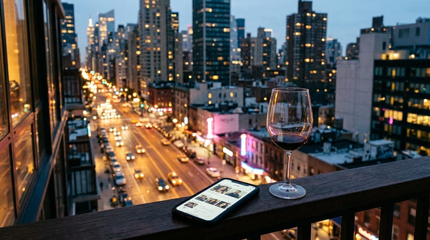 A wide establishing shot from a high-rise balcony overlooking a grid of glowing yellow Manhattan streetlights. A sleek sma...
