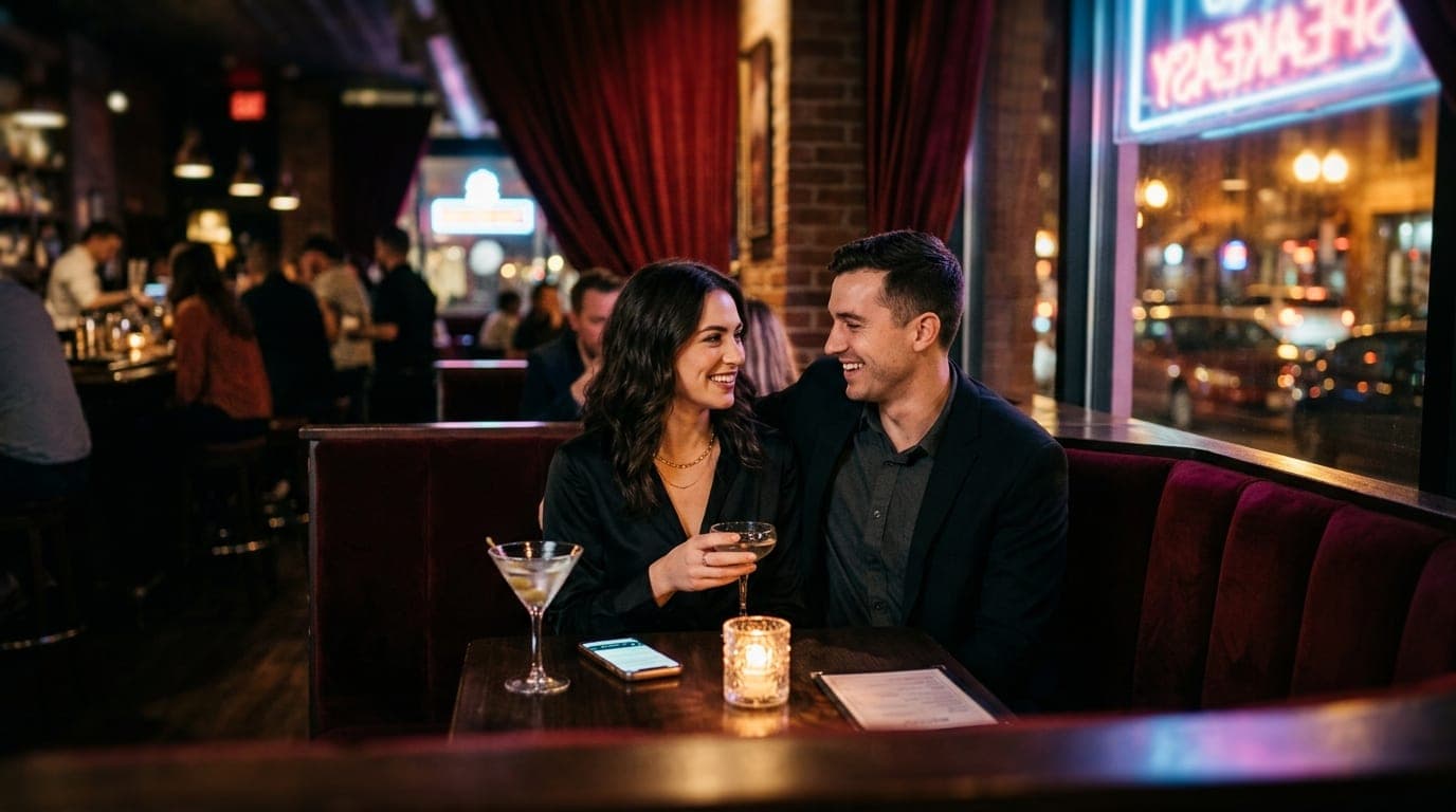 Medium shot of a couple seated in a velvet-lined corner booth at a low-lit speakeasy, captured with tilt-shift focus. A ha...