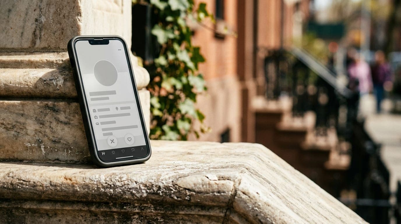 A close-up 85mm shot of a smartphone screen showing a Hinge profile, resting on a worn, salt-crusted marble ledge of a Wes...
