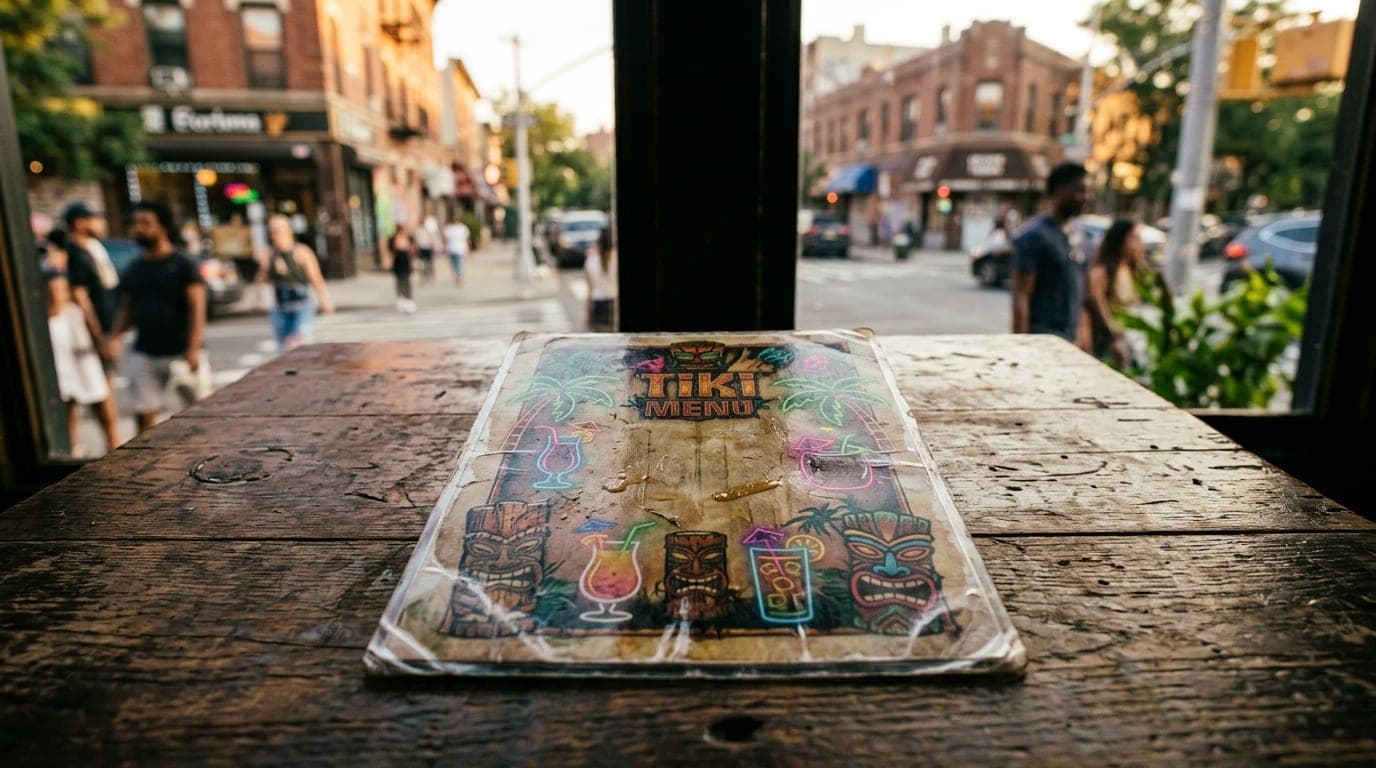 A 24mm wide-angle shot of a sticky, neon-lit cocktail menu from a Crown Heights tiki bar, resting on a rustic wood table d...