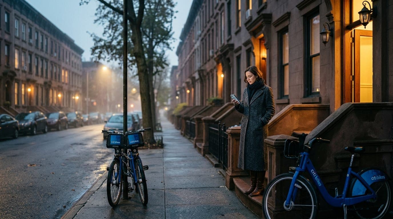 A warm, tungsten-lit Brooklyn brownstone stoop at dusk. A woman in a wool coat checks a mobile map on her phone, standing...