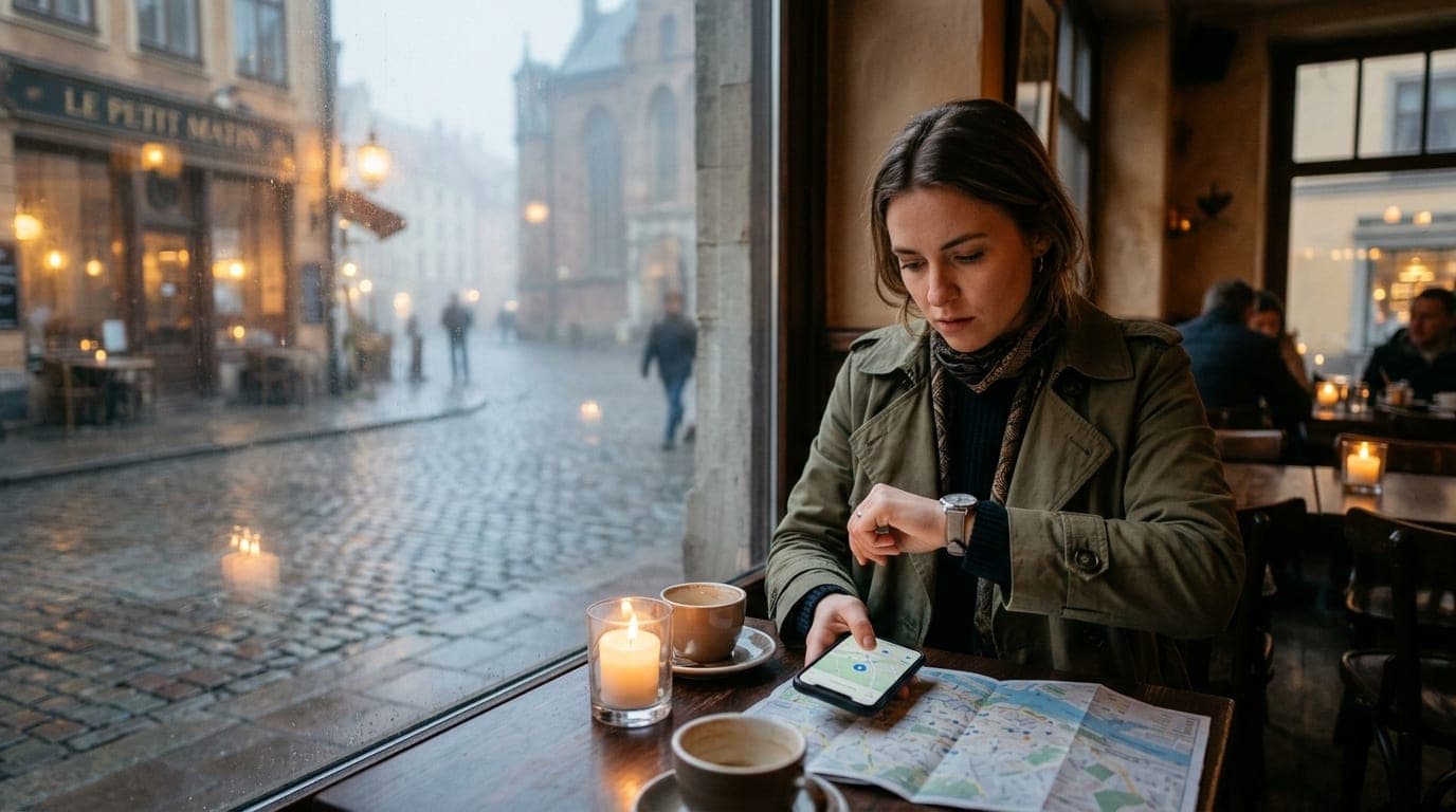 A medium shot, offset right, captures a woman in a trench coat at a bright, candle-lit cafe. She holds a smartphone displa...