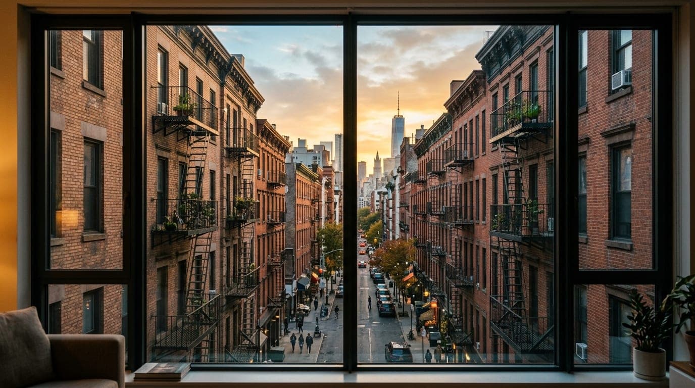 A centered, symmetric 24mm wide-angle shot looking through a pristine floor-to-ceiling glass window. The noon sun illumina...