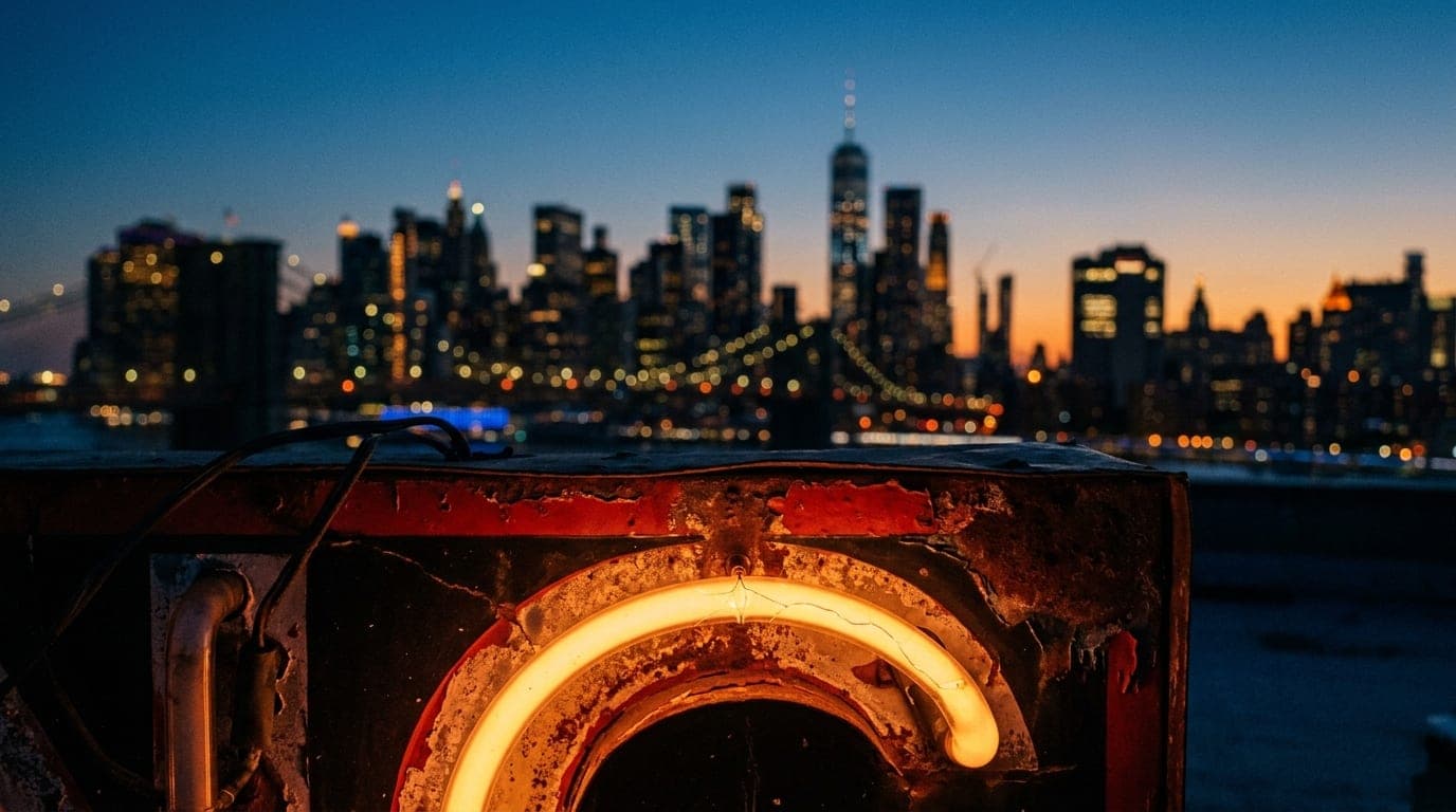 An extreme close-up macro of a weathered, vintage neon sign emitting a warm amber glow at dusk, set against the blurred, b...