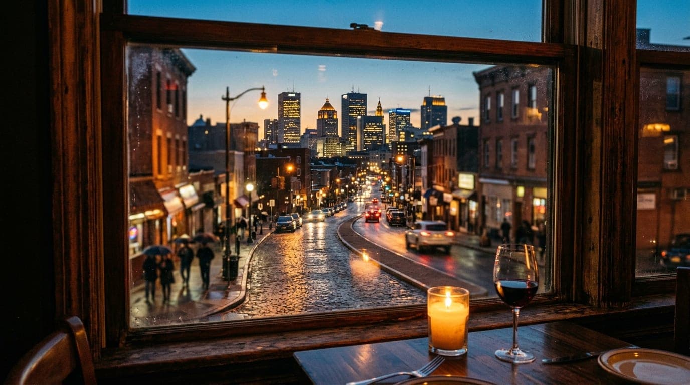 A medium shot through a warm, candle-lit Ironbound restaurant window, utilizing tilt-shift selective focus to frame the di...