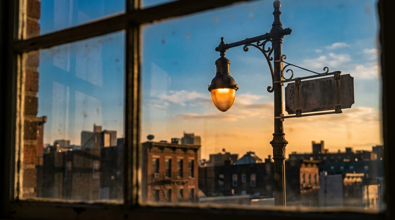 A sunlit, 35mm documentary close-up of a lone, glowing streetlamp and a vintage street sign in the Ironbound district, off...
