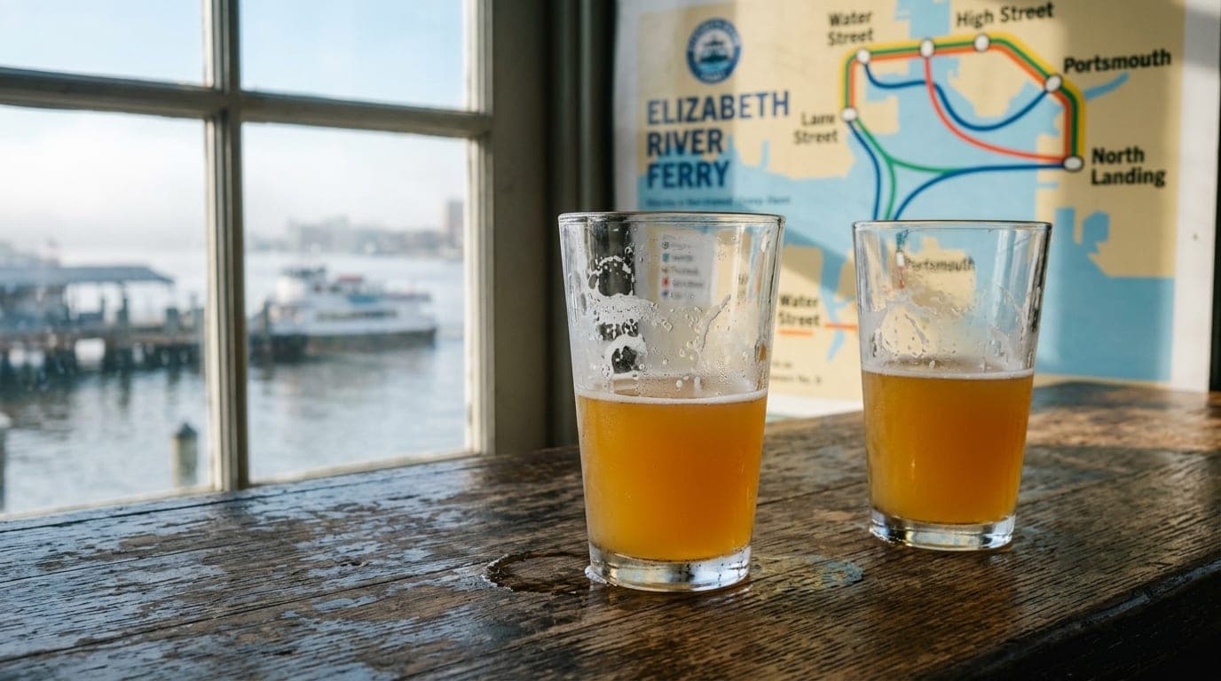 Noon sunlight illuminates two half-full sour ale glasses on a distressed wooden bar top. Behind them, a blurred transit ma...