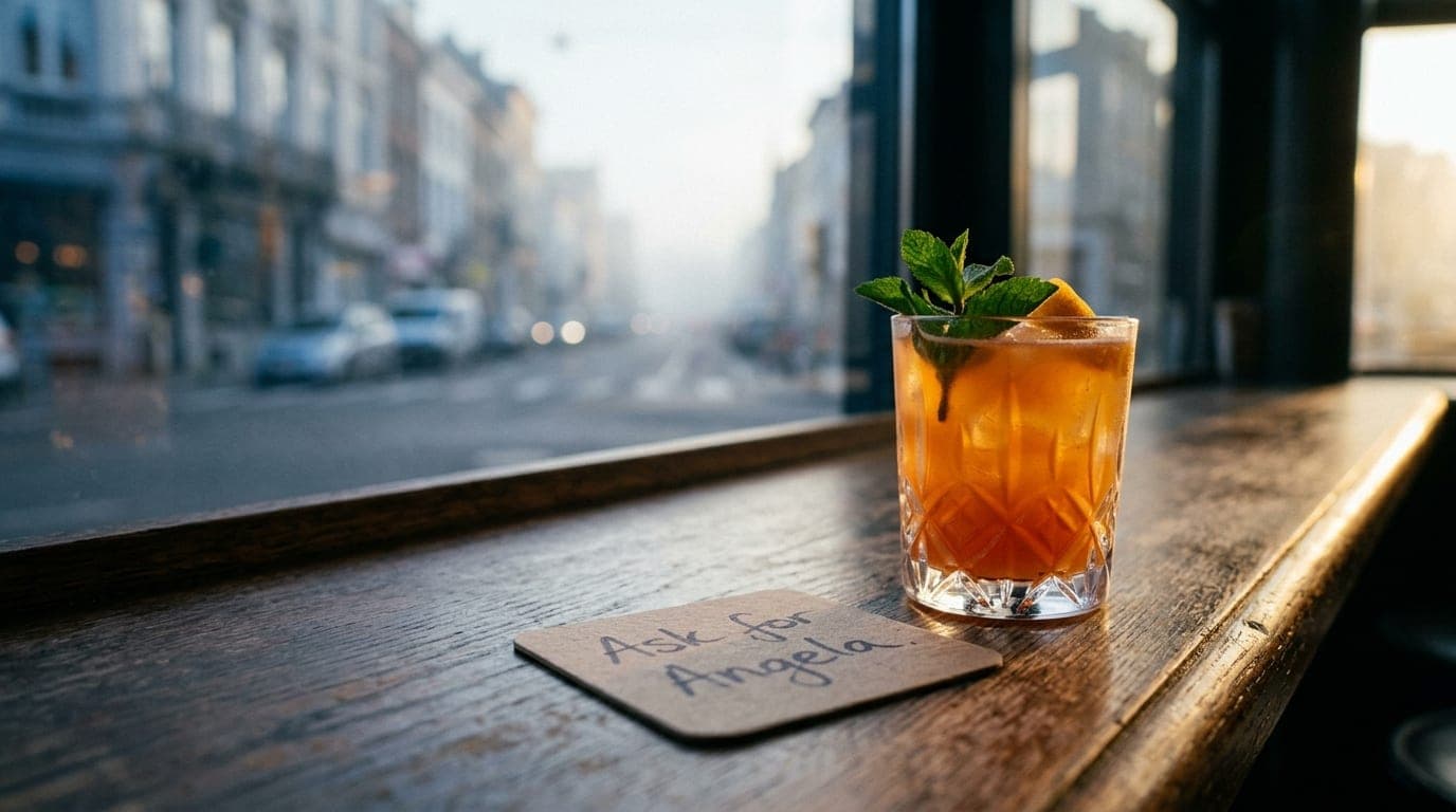 Extreme macro, golden hour. A hand-written "Ask for Angela" coaster rests beside a vibrant cocktail on a polished Ghent ba...