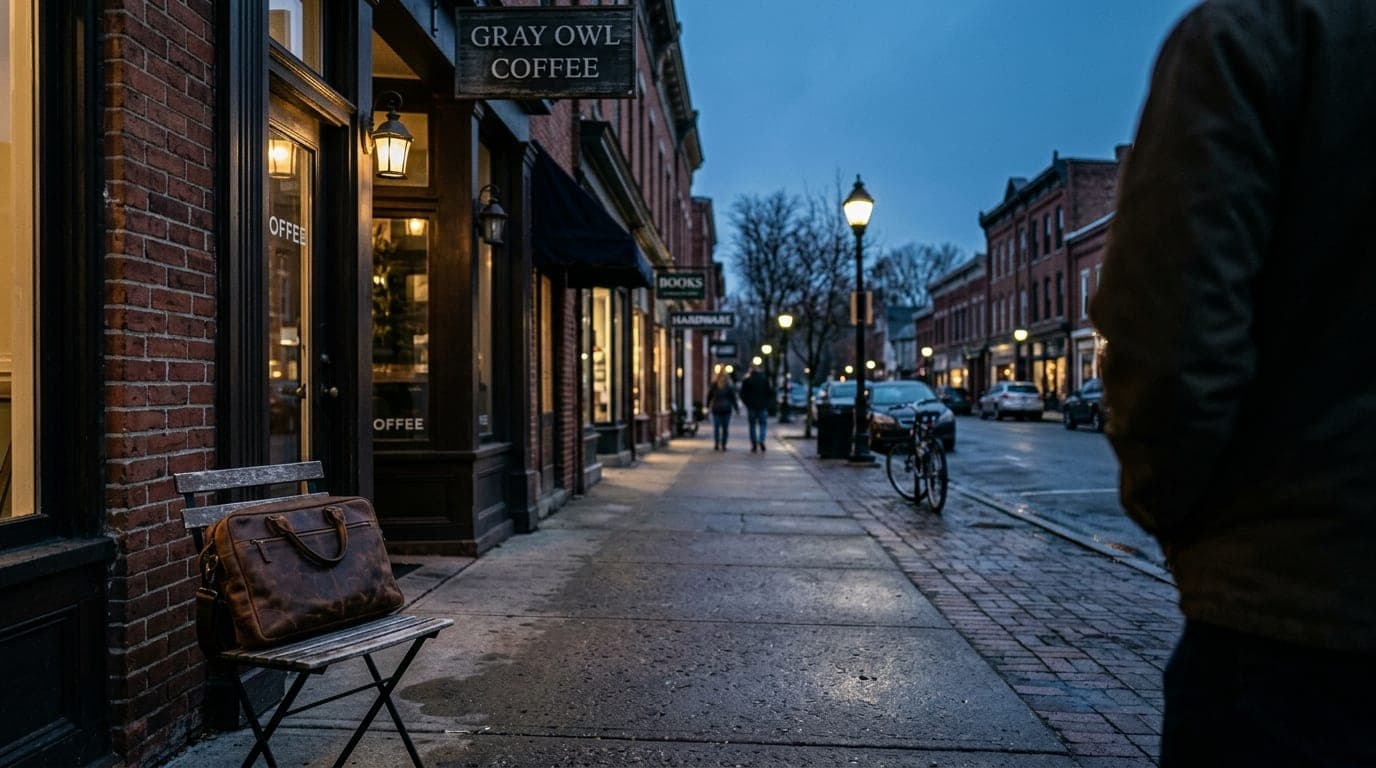A 24mm wide-angle, centered shot of a quiet Main Street sidewalk at blue hour. A professional leather laptop bag rests on...