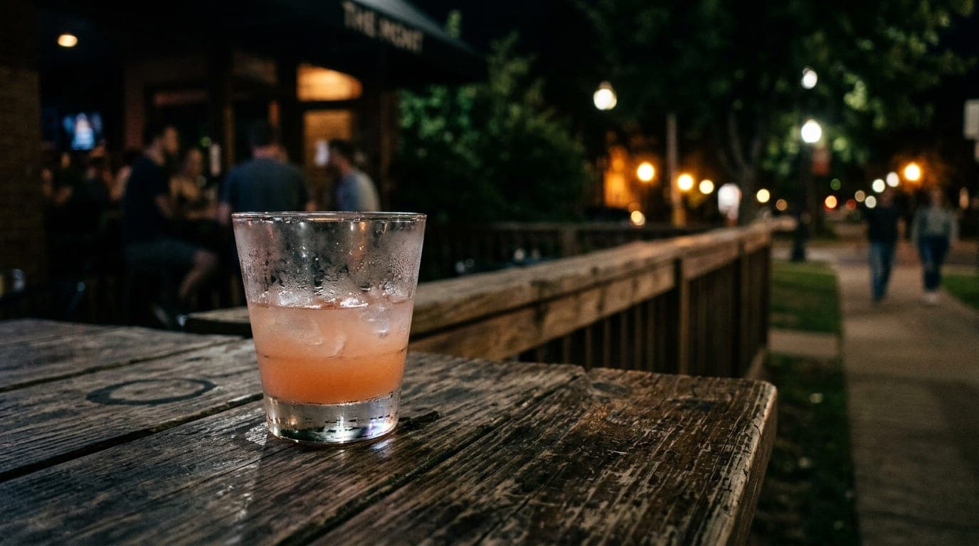 Low-angle hero shot of a half-empty, condensation-covered Swirl cocktail glass resting on a weathered wooden patio table a...