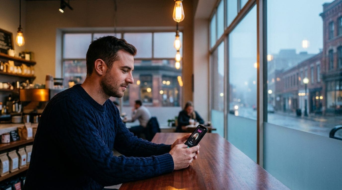 An 85mm portrait captures a man in a navy wool sweater sitting at a mahogany table, holding a smartphone showing a Feeld p...