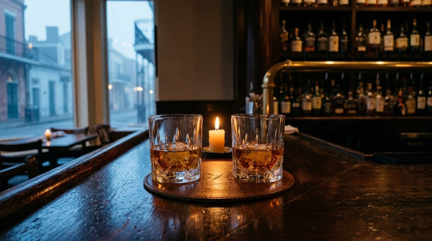 A symmetric medium shot captures two half-empty bourbon glasses and a single coaster on a polished mahogany bar at Scratch...