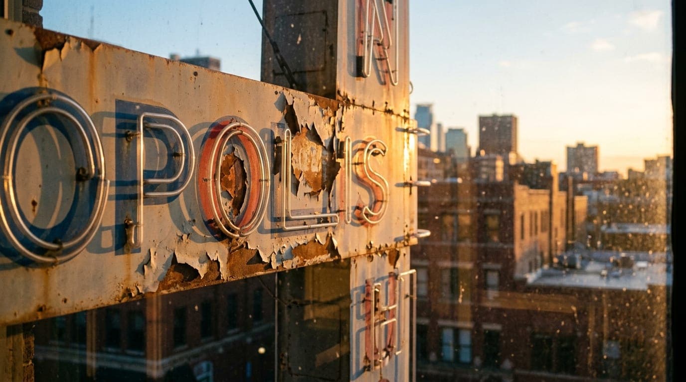 A high-contrast macro shot of a weathered vintage neon sign flickering outside Opolis, sun-bleached paint peeling from the...