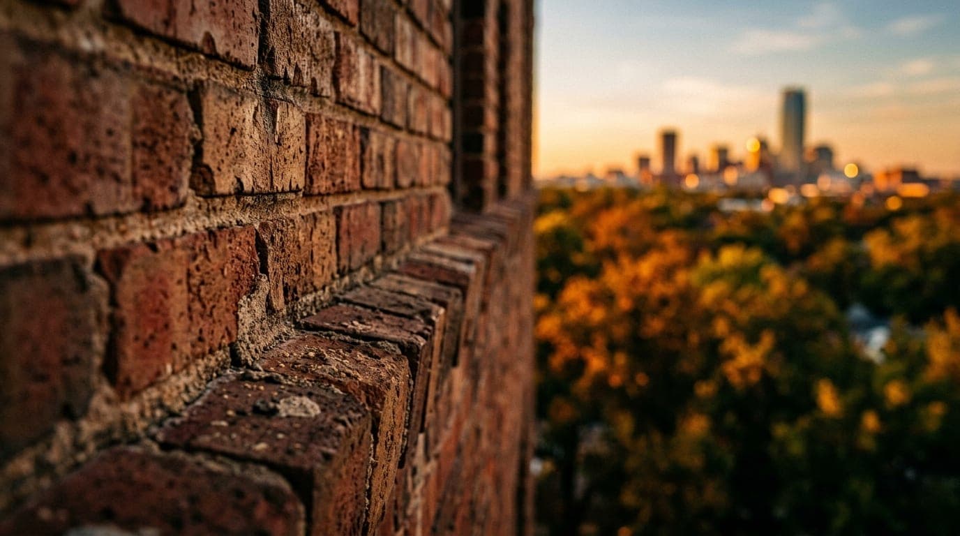Extreme macro tilt-shift focus on the weathered brick texture of the Jacobson House facade at golden hour, with the blurre...