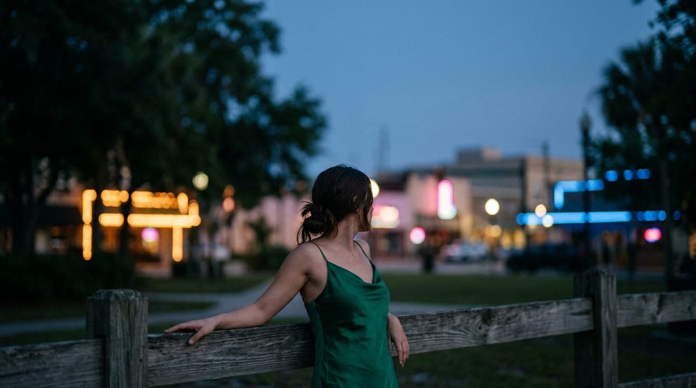 A woman in a silk slip dress leans against a rustic wooden fence at blue hour. Behind her, downtown Ocala’s neon lights bl...