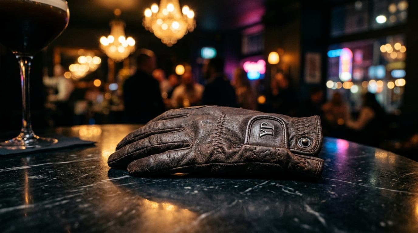 A low-angle, 100mm macro shot of a single leather equestrian glove resting on a dark marble cocktail table at the Yellow P...
