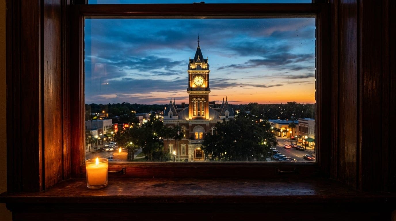 A symmetrical medium shot captures the ornate clock tower of Ocala’s downtown square at dusk, framed through a window feat...