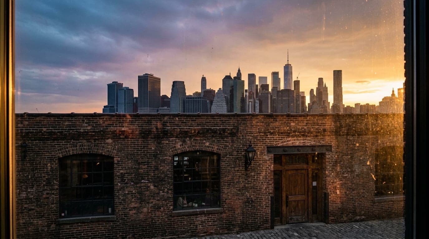 A close-up shot through a sun-drenched cafe window captures the weathered, dark brick facade of Infinite Ale Works. The bu...