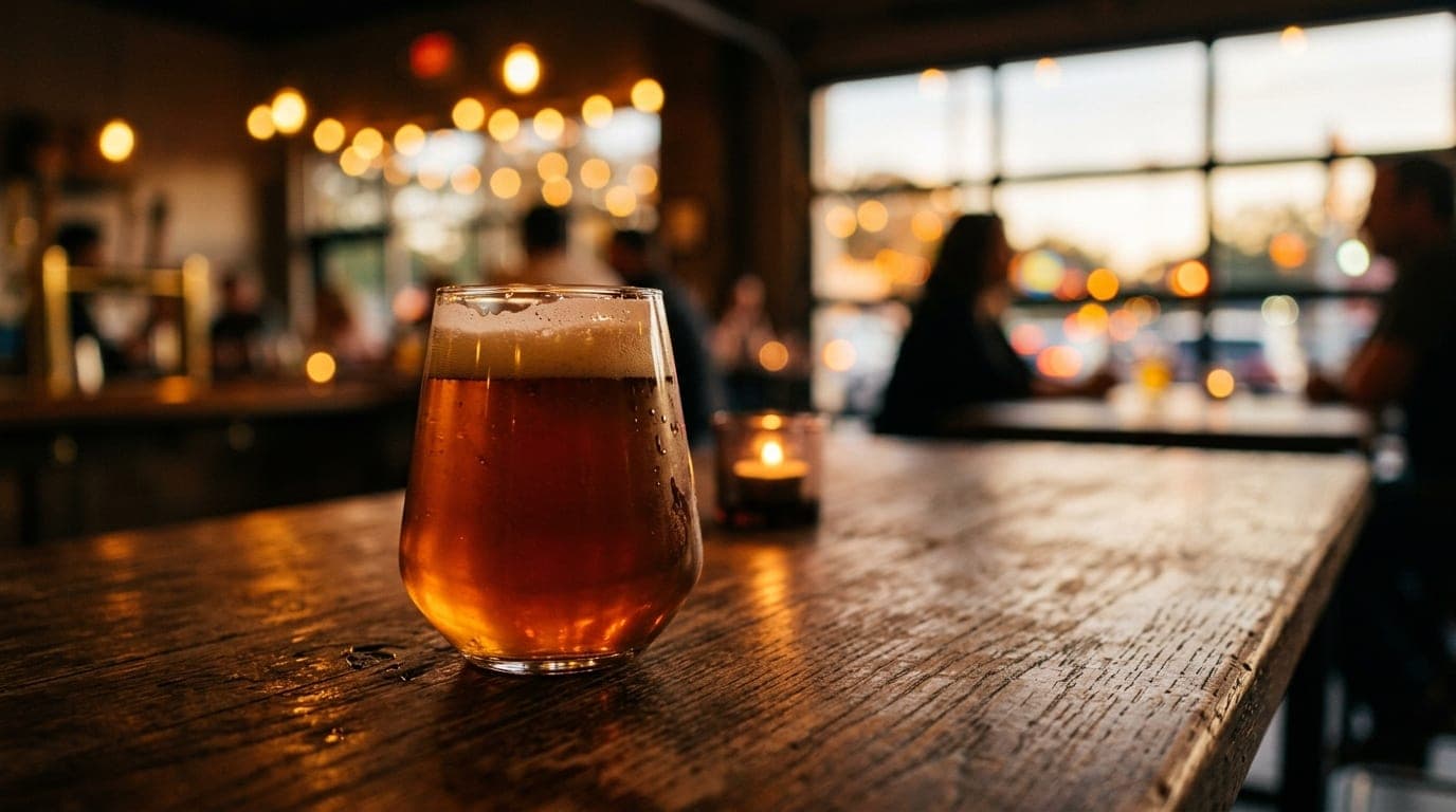A tilt-shift macro shot of a single craft beer glass on a wooden table at Infinite Ale Works, featuring soft, glowing back...