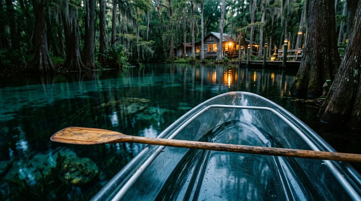 A wide-angle, eye-level shot captures a clear-bottom kayak floating in the calm, turquoise waters of Silver Springs. An ab...