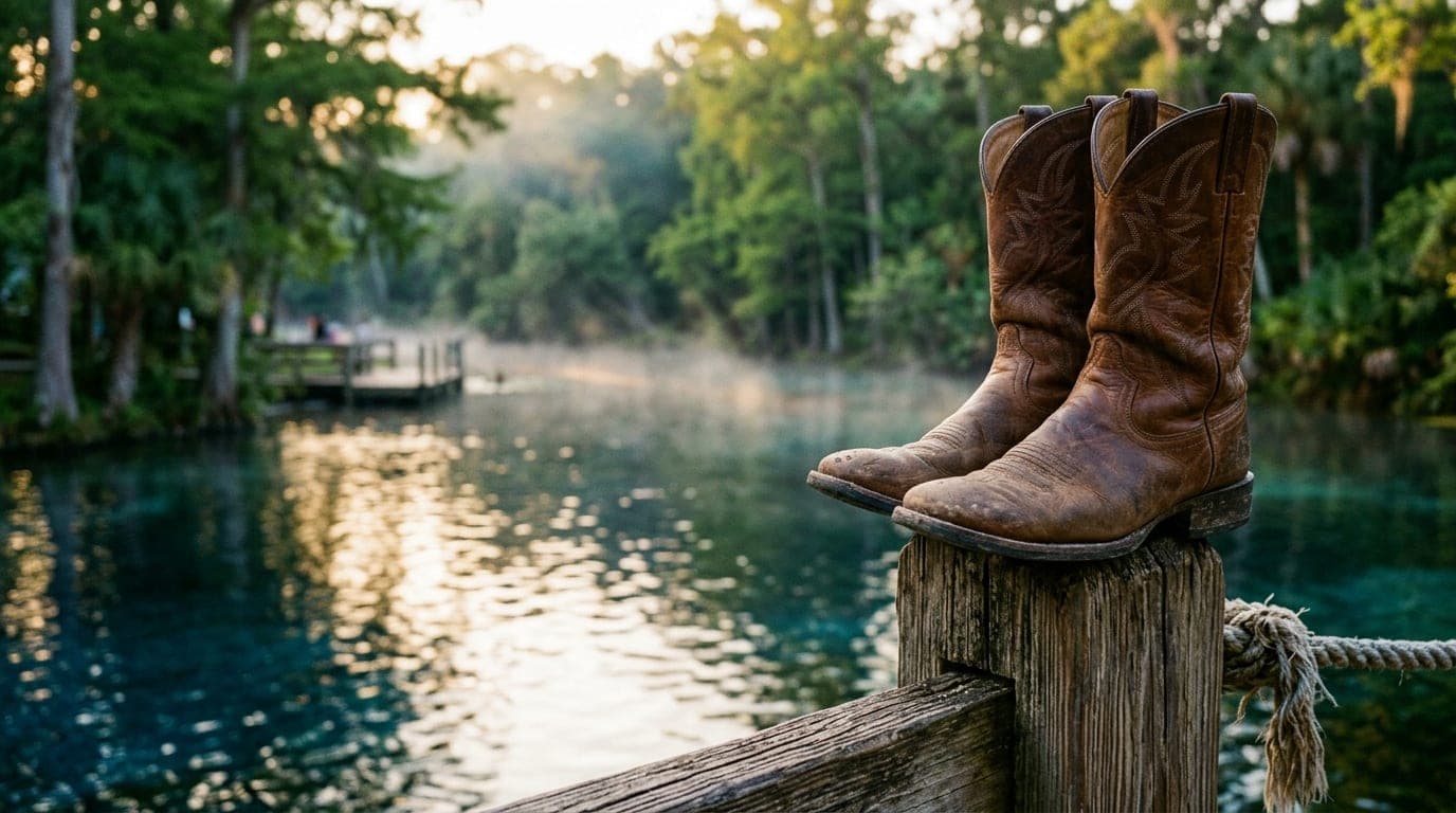A sun-drenched 35mm documentary shot shows a pair of worn leather cowboy boots resting on a rustic wooden fence post at Si...