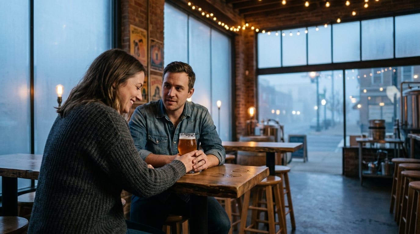 An over-the-shoulder view of a couple sharing a craft beer at a high-top table in Infinite Ale Works, illuminated by warm...