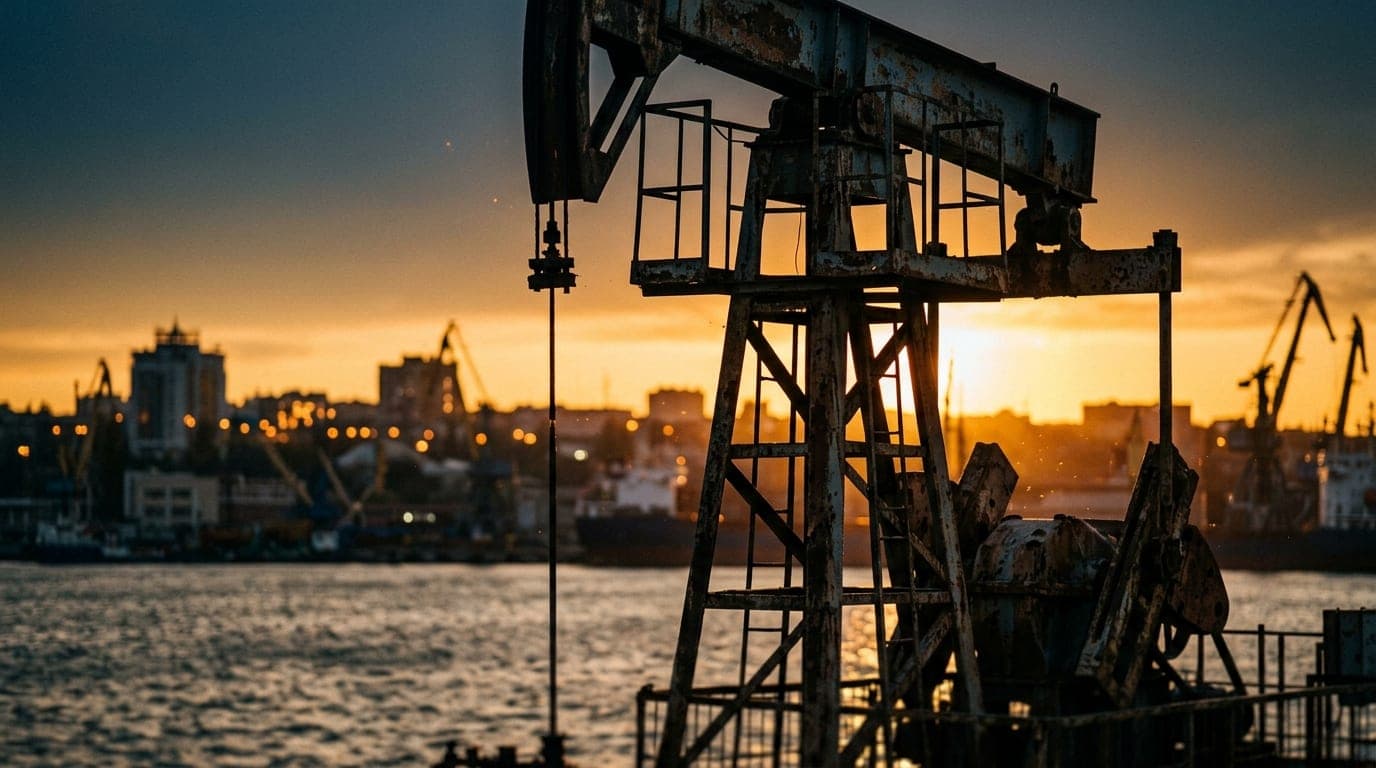 A 35mm documentary shot during golden hour shows the blurred, amber-lit outline of the Odessa skyline. In the foreground,...