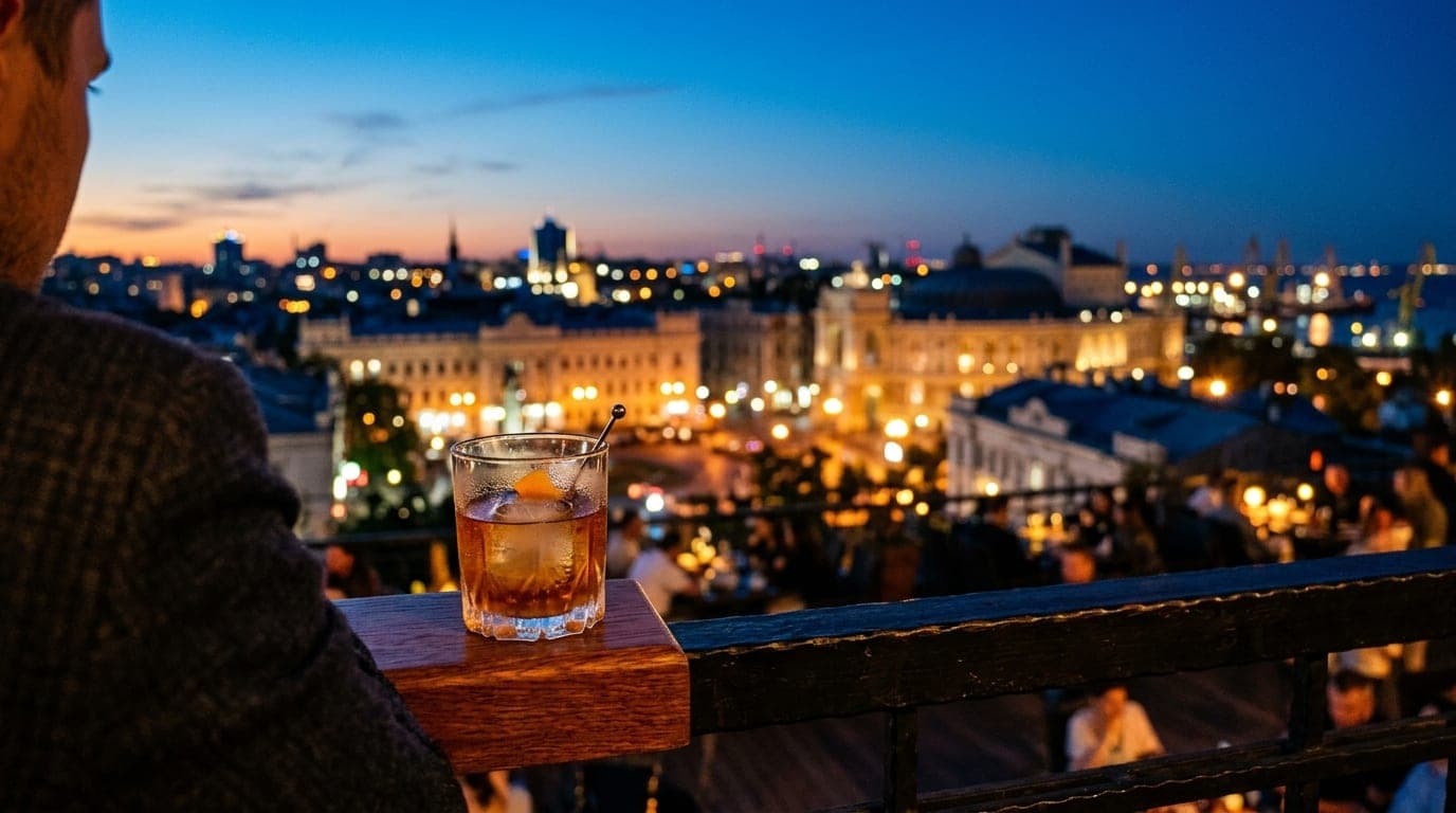 A polished mahogany coaster holding a sweating, half-finished craft cocktail rests on a dark outdoor patio rail. Beyond, t...