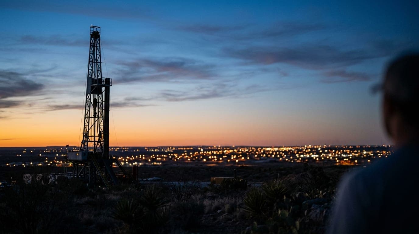 The Odessa Permian Basin oil derrick silhouetted against a deep indigo twilight sky. The shallow depth of field blurs dist...