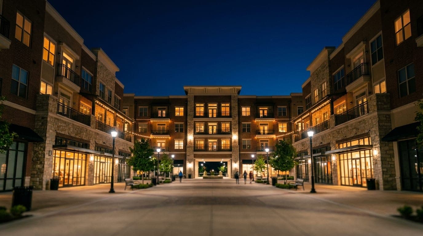A low-angle, 24mm symmetrical shot of the illuminated Parks Legado Town Center at midnight. Crisp architecture glows again...