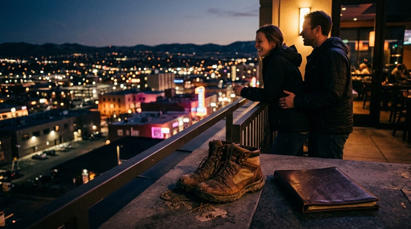 A low-angle, 35mm documentary shot shows a couple standing on a balcony overlooking the Ogden valley at night. A pair of w...