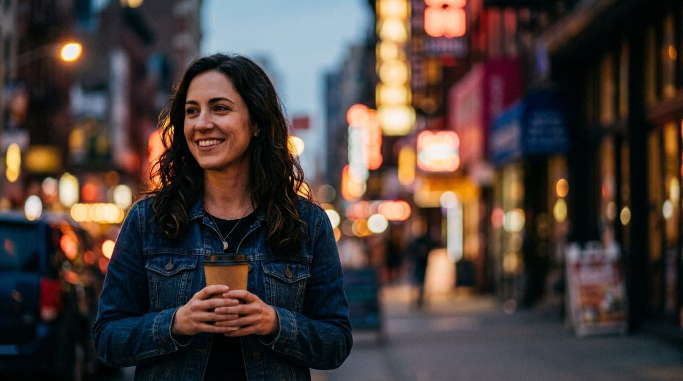 An 85mm portrait with shallow depth of field captures a woman in a denim jacket holding a Kaffe Mercantile paper cup, stan...