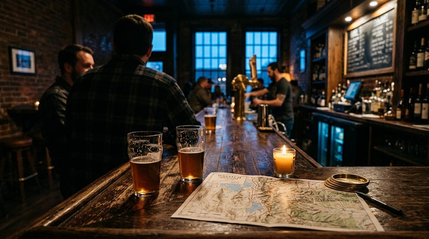 An over-the-shoulder view from a dark, weathered wooden bar in a dimly lit Ogden tavern. Two half-poured local beers sit n...