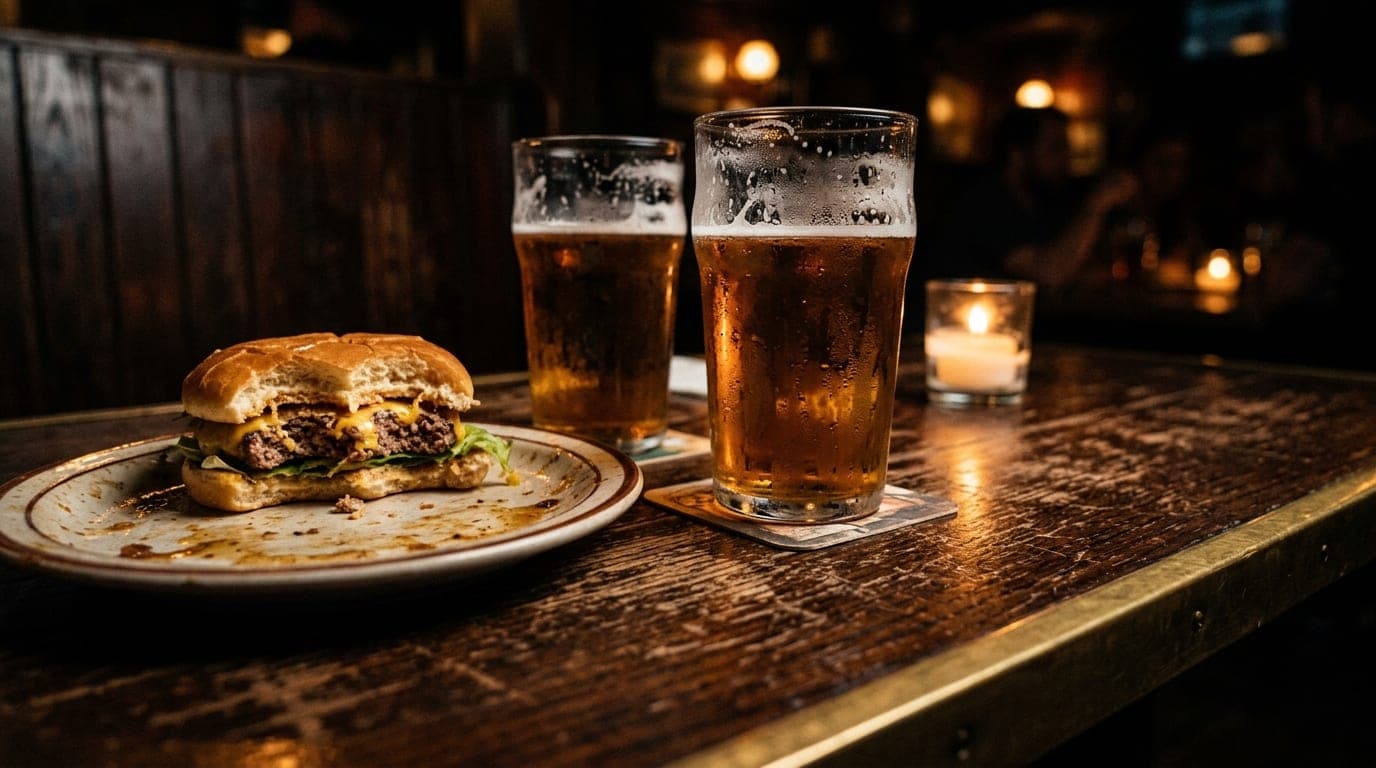 Low-angle macro shot of a worn wooden booth at the Shooting Star Saloon. A half-eaten burger sits on a grease-stained plat...
