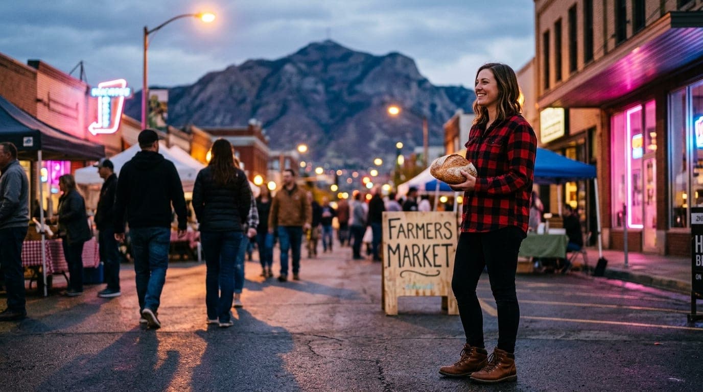 A 35mm documentary shot of a woman in a flannel shirt and hiking boots, smiling while holding a fresh sourdough loaf at th...