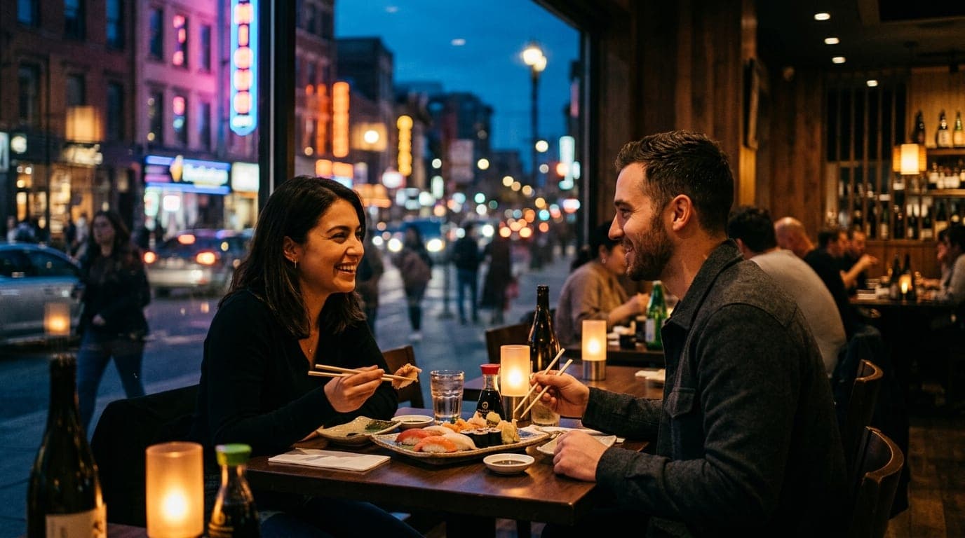 A wide, 85mm shot of a couple sharing a plate of sushi at Tona. The warm, intimate interior light glows against their face...