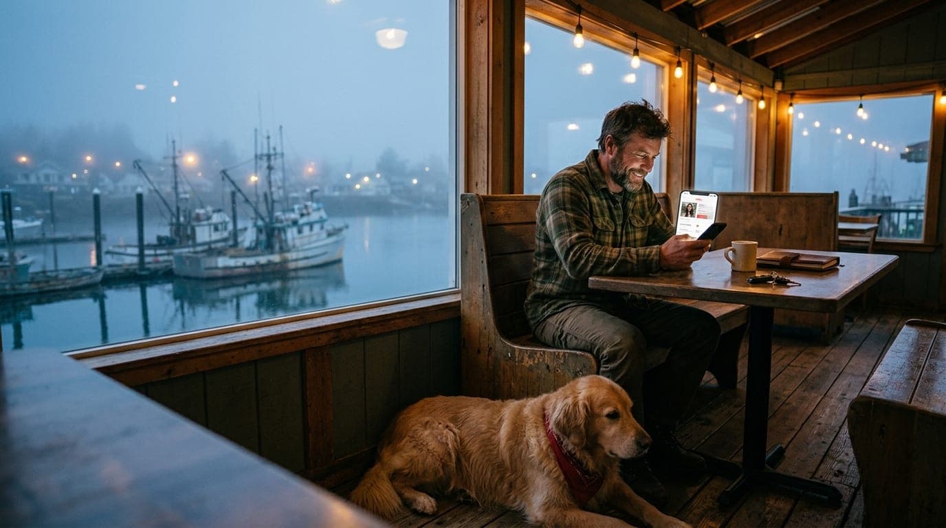 A wide shot of a rugged man in a flannel shirt sitting at a Slackwater booth, a golden retriever at his feet, as soft even...