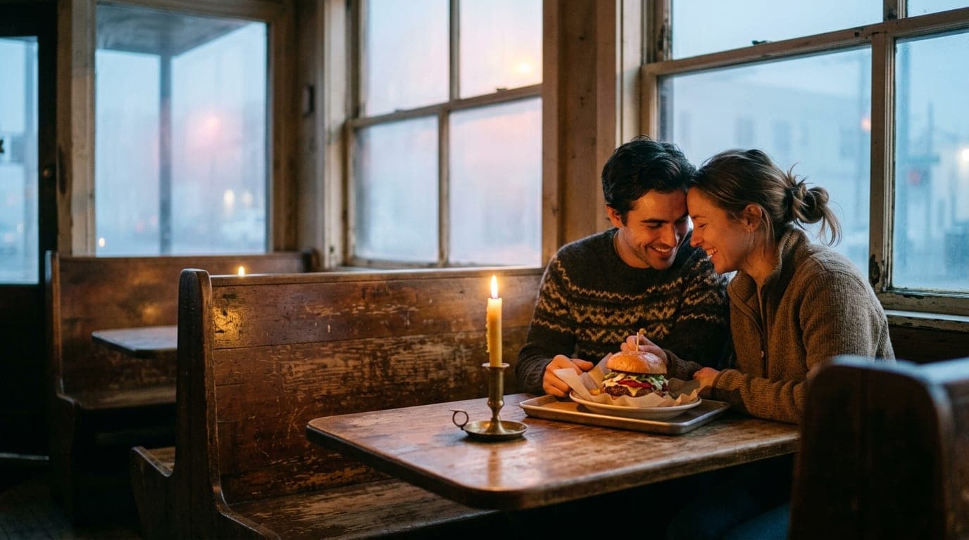 A medium shot, offset right, captures a couple sharing a Star Burger at a weathered wooden booth in the Shooting Star Salo...