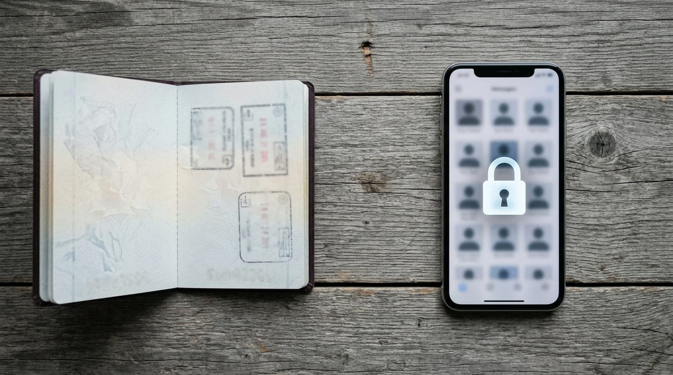An overhead flat-lay on a weathered grey desk: on the left, a passport sits open; on the right, a smartphone displays a bl...