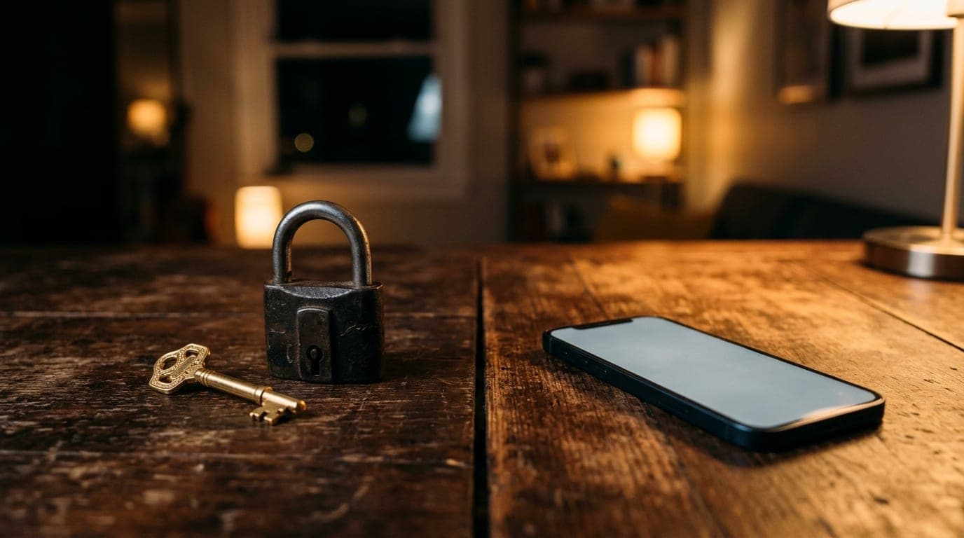 On a dark wooden table, a single, gold-plated key sits beside a locked iron padlock; to the right, a smartphone displays a...