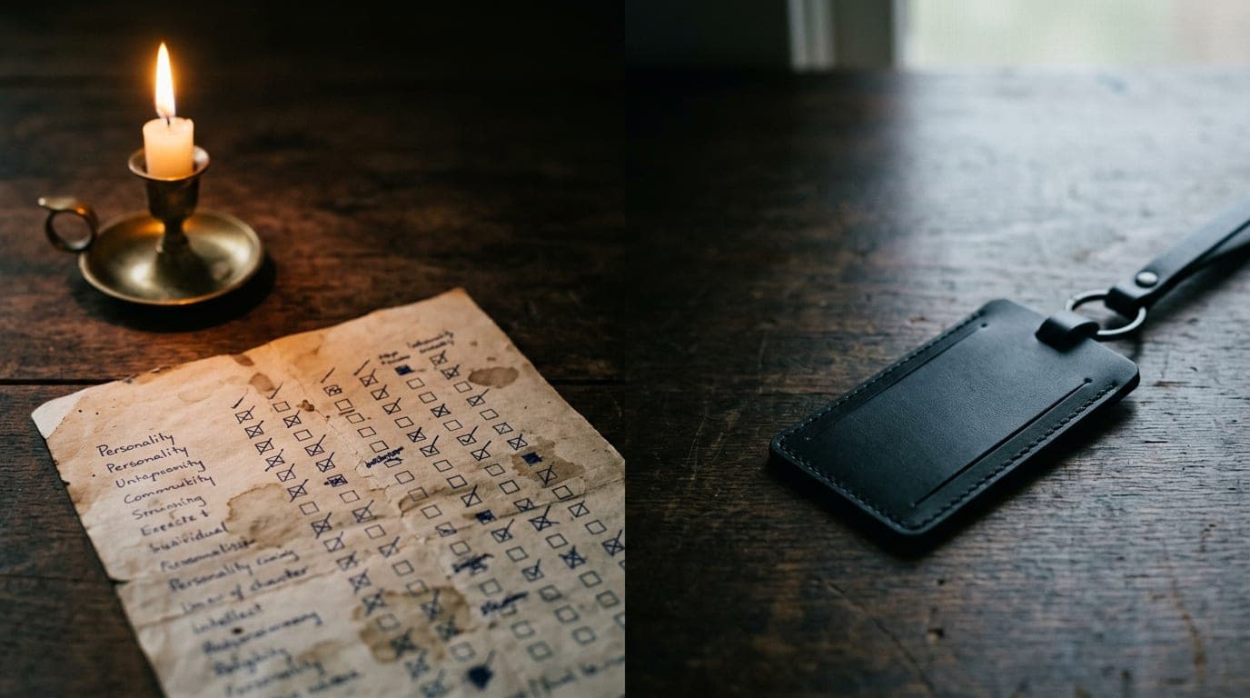 A vintage, ink-stained questionnaire filled with handwritten personality check-boxes lies beside a sleek, minimalist leath...