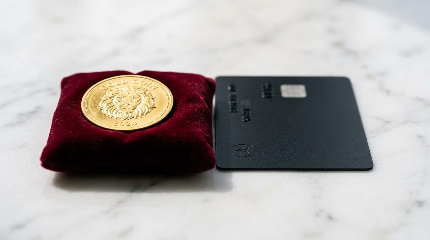 A gleaming gold coin sits on a velvet cushion next to a sleek, matte black membership card, side-by-side on a white marble...