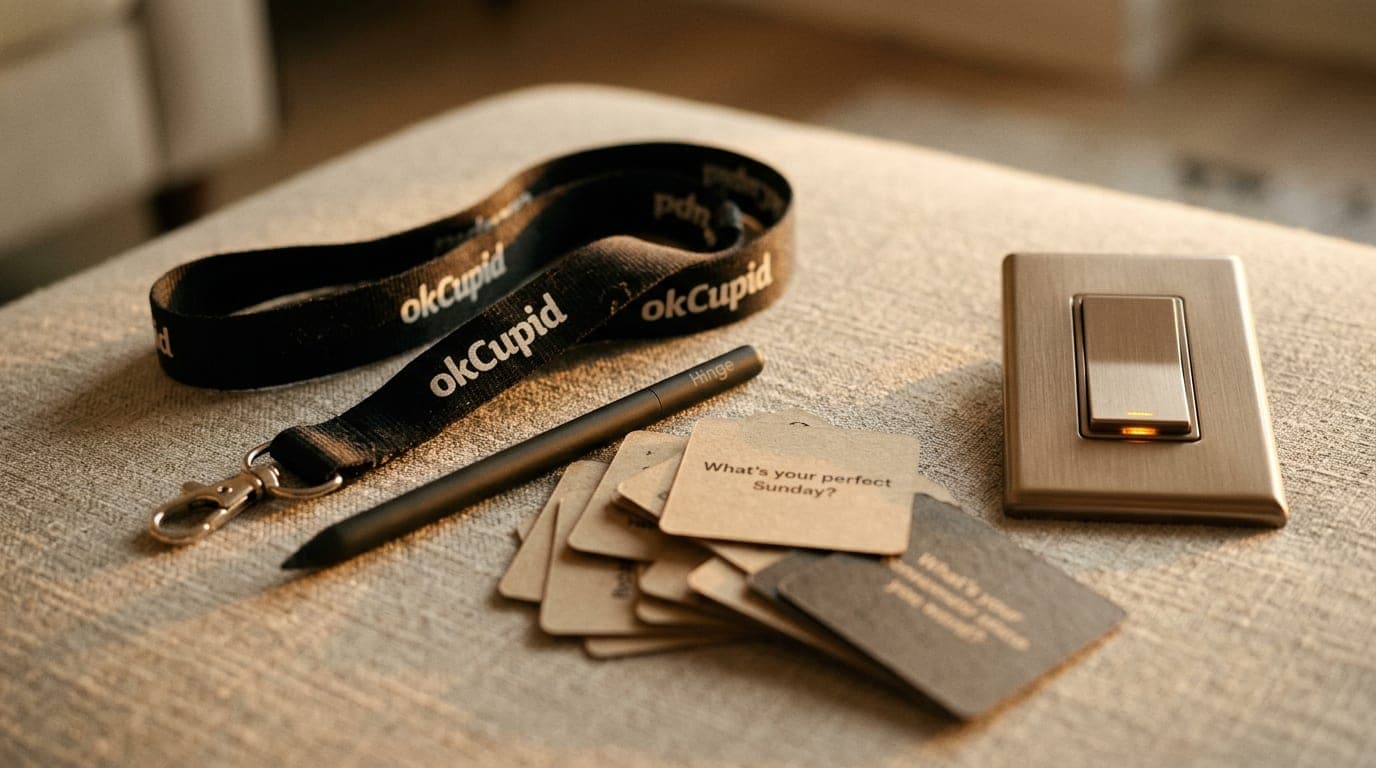 Extreme macro, golden hour. An OkCupid-branded lanyard and a Hinge-branded stylus lie beside a spilled deck of question ca...