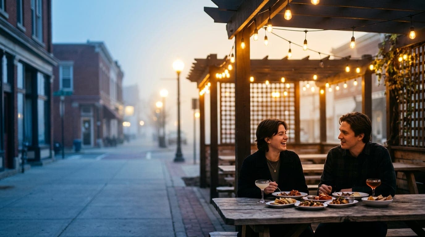 A couple shares small plates and cocktails on a patio at The Pump, silhouetted against flickering string lights. The warm...