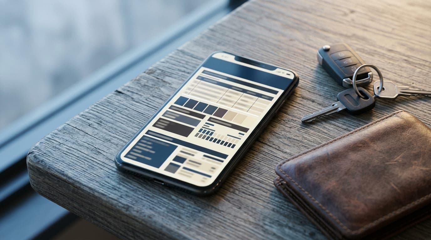 Overhead flat-lay, 100mm macro. A smartphone screen displaying an Oklahoma State Courts Network search record rests beside...