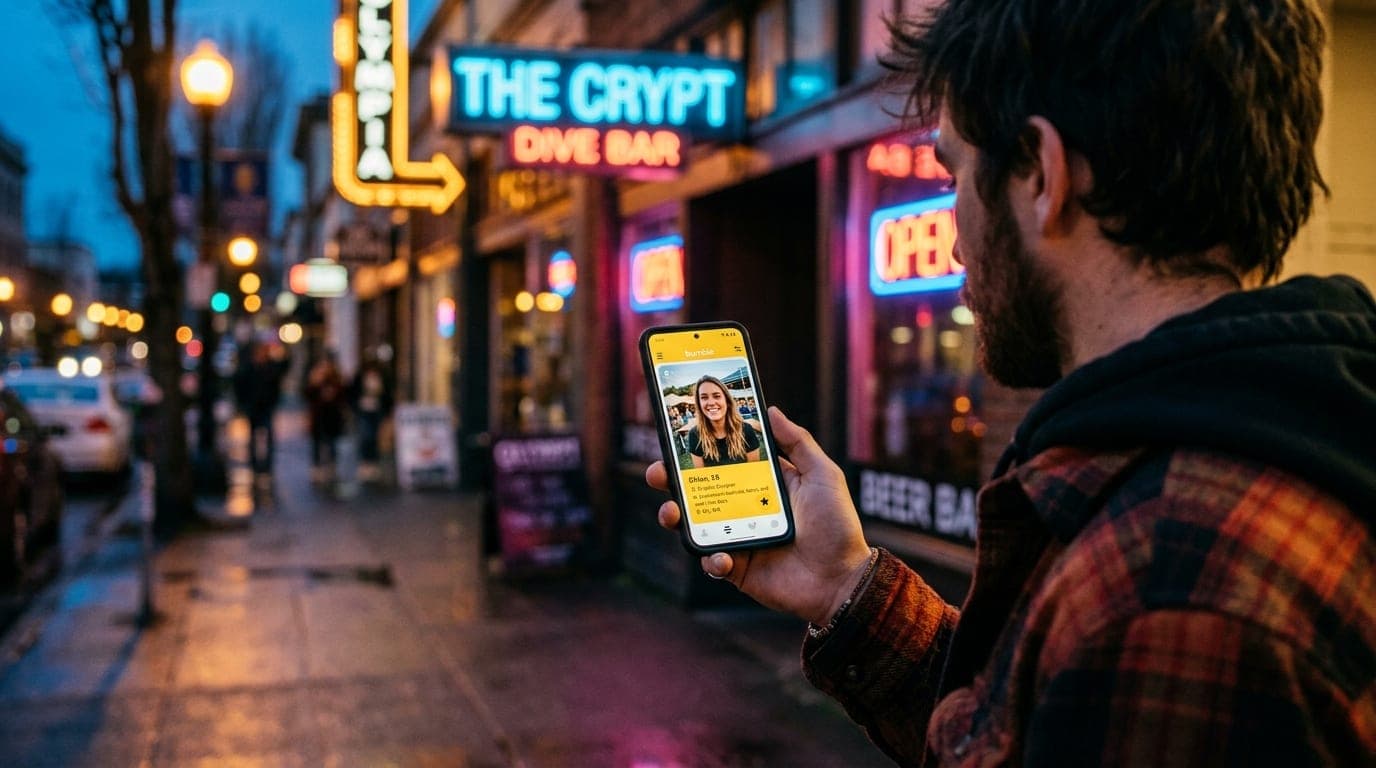 A man in a crisp flannel shirt holds a smartphone showing a Bumble profile. In the background, the blurred neon glow of an...
