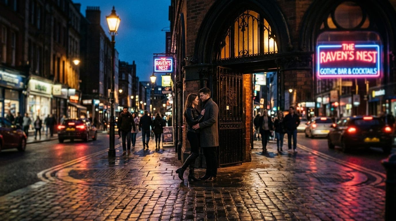 A low-angle, tilt-shift shot of a couple standing outside the iron-wrought entrance of a gothic bar. Dim streetlights illu...